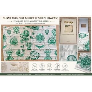 Blissy 100% Mulberry Silk Standard Pillowcase Green Wicked Katie Kime New
